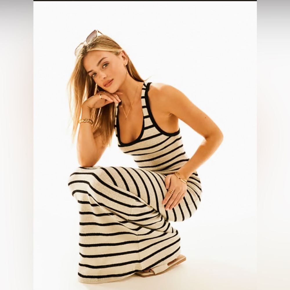 Warm Tan Striped Sleeveless Maxi Dress